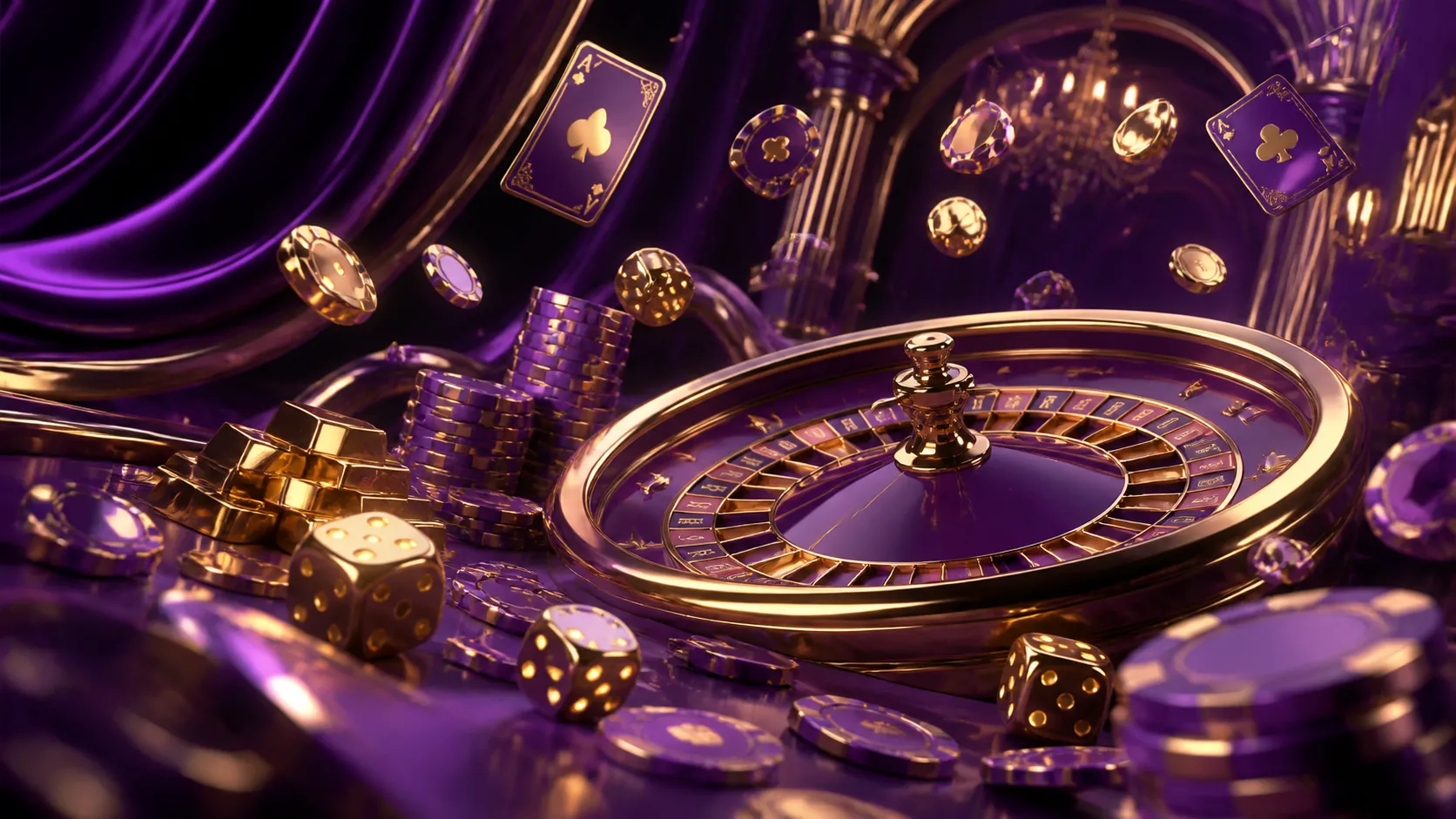 Glossy 3D isometric render featuring luxurious casino elements in a premium composition.